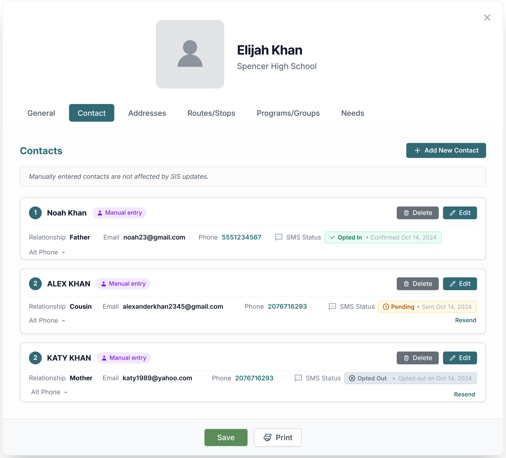 UniteGPS admin portal student contact tab showing three parent contacts with SMS Status badges: Opted In, Pending with Resend link, and Opted Out