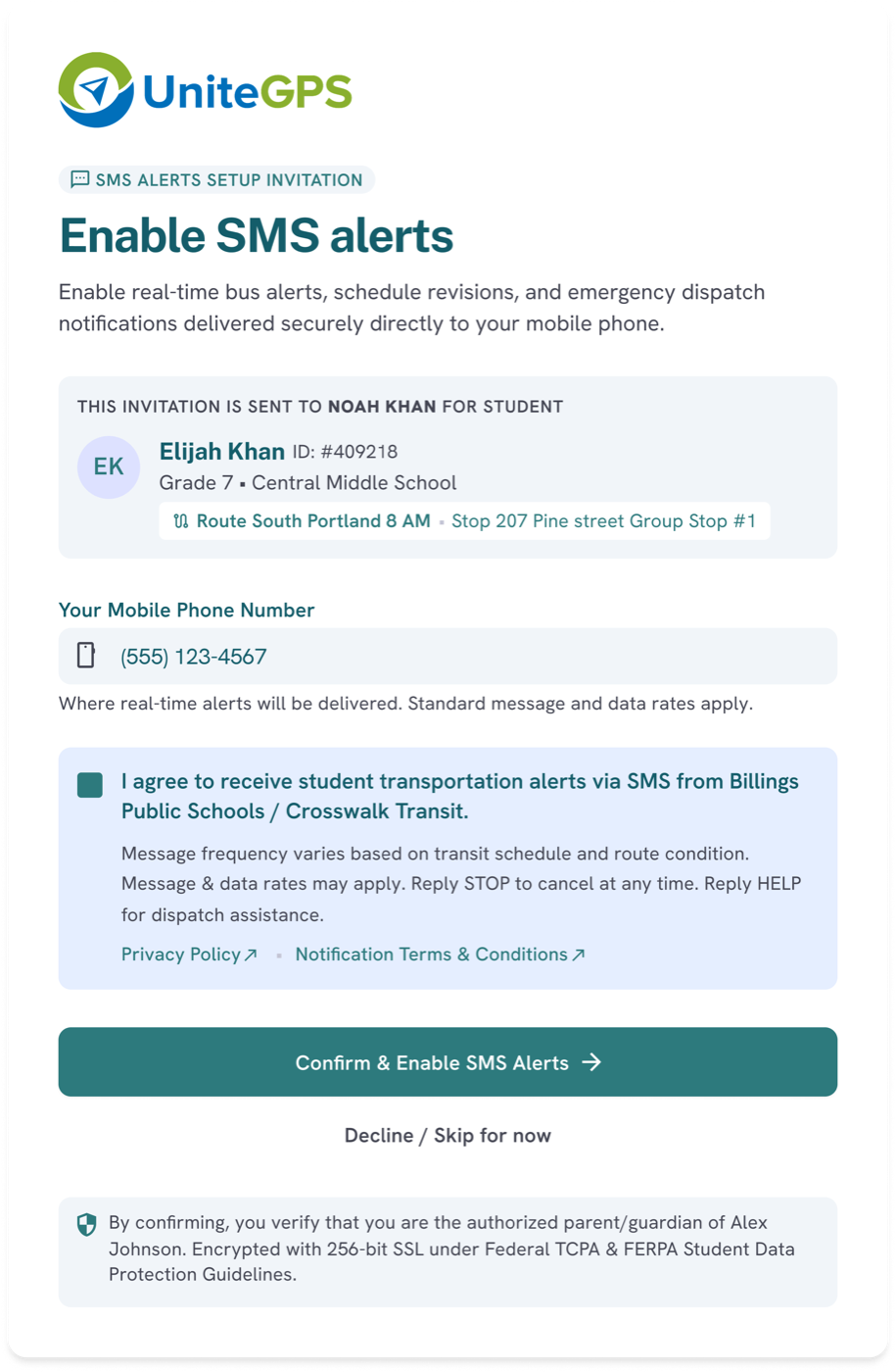 UniteGPS Enable SMS alerts consent form reached from an email invitation, showing student details, phone number field, consent checkbox, and confirm button