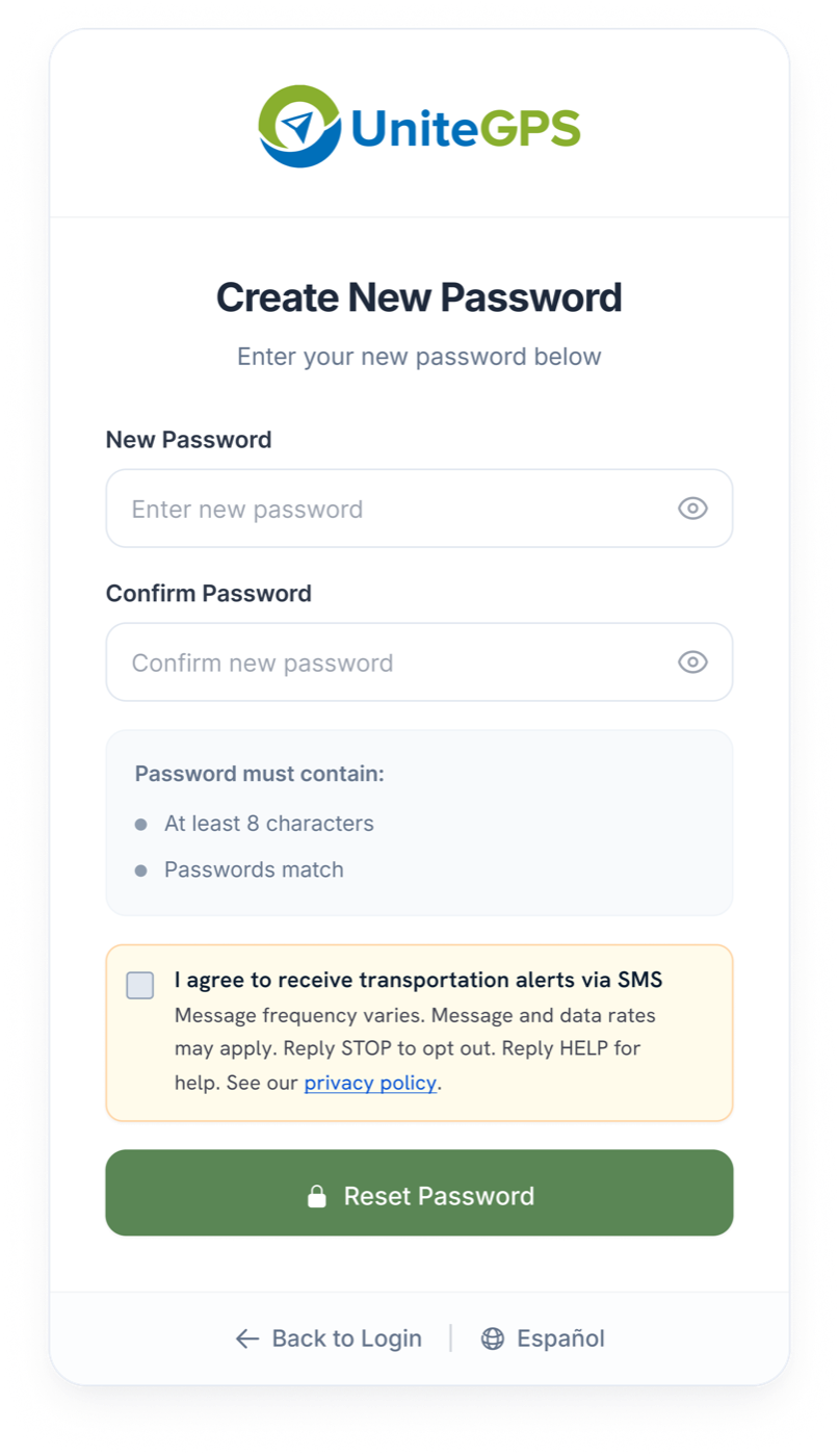 UniteGPS Create New Password screen with an unchecked SMS consent checkbox and full disclosure text